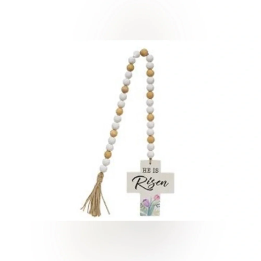 *He Is Risen Wooden Bead Garland w/Cross
